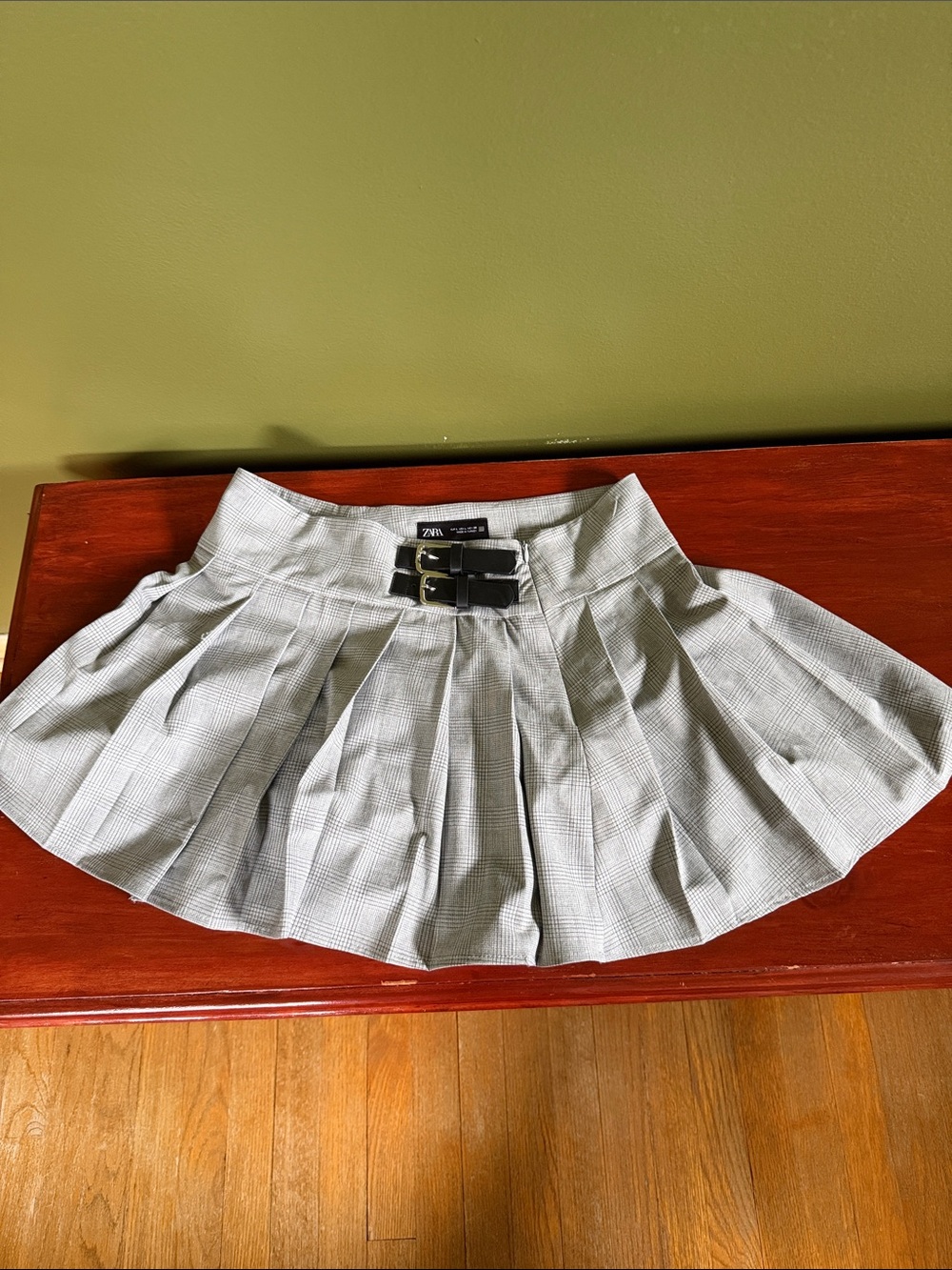 Zara Light Gray Pleated Skater Mini Skirt with Double Buckle